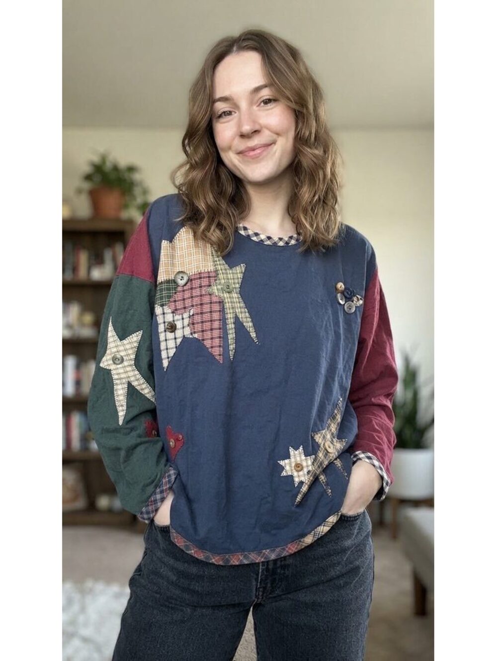 Applied Design Vintage Colorblock Star Patch Pullover Sweatshirt